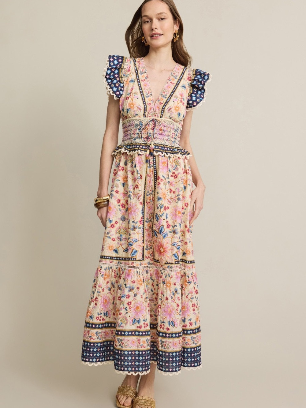 FARM Rio Peach Floral Maxi Dress with Navy Trim